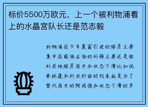 标价5500万欧元，上一个被利物浦看上的水晶宫队长还是范志毅